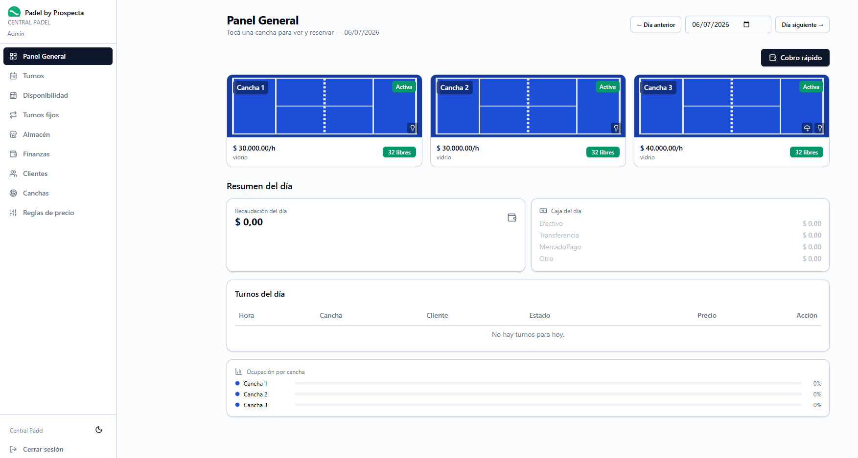 Panel de gestión de CENTRAL PADEL